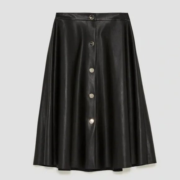 Zara Basic Collection Midi Calf Length Snap Front Faux Leather A-Line Skirt L - Picture 1 of 6